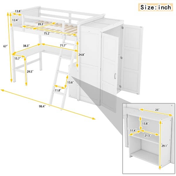 White Twin Solid Pine Loft Bed with Desk, Shelves, Wardrobe, Guardrails