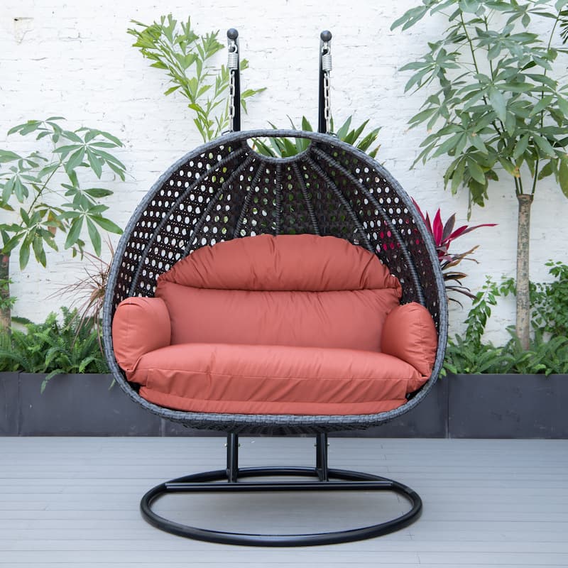Patio 2-Person Hanging Egg Swing Chair Charcoal Wicker and Iron Frame Breathable Removable Cushion Covers by LeisureMod