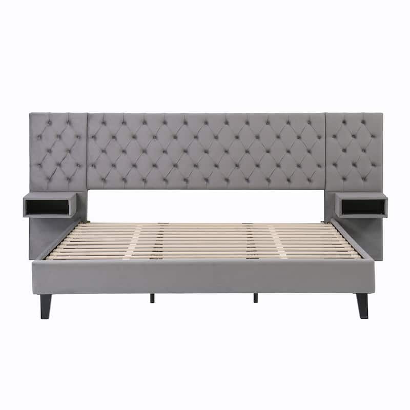 Modern Velvet Upholstered Platform Bed with 2 Nightstands