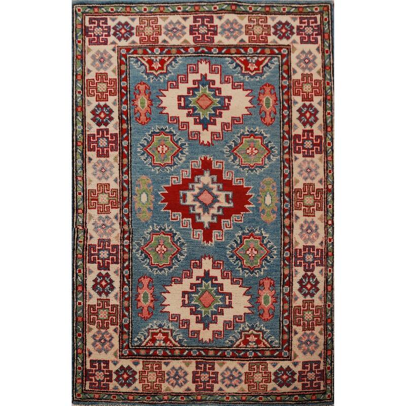 Geometric Blue Kazak Foyer Rug Hand-Knotted Accent Wool Carpet - 2'8"x 4'0"