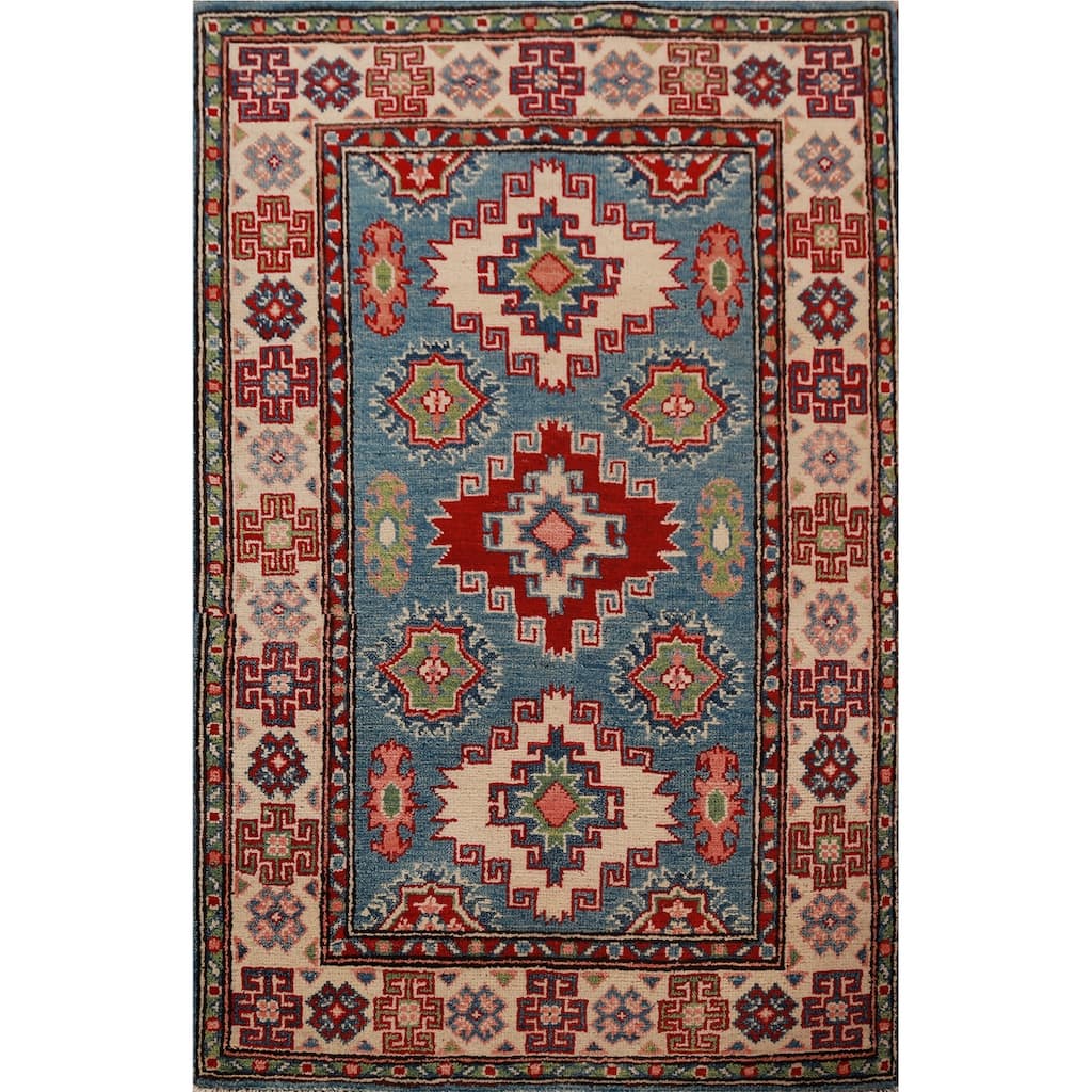 Geometric Blue Kazak Foyer Rug Hand-Knotted Accent Wool Carpet - 2'8"x 4'0"