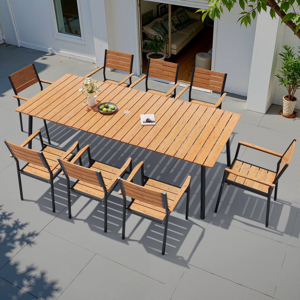 9-Piece Outdoor Patio Dining Set Wood-Like Table Top Alumium Umbrella Hole Table with Stackable Armrest Dining Chairs