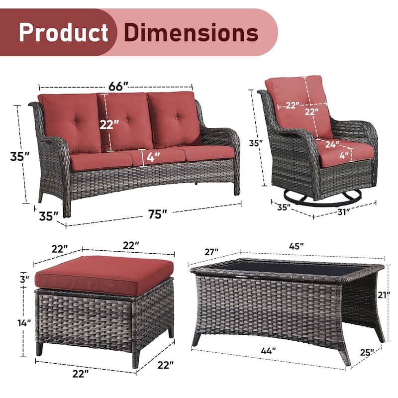 Pocassy Outdoor 6 Pieces 3-Seat Sofa Swivel Chairs Table Ottoman