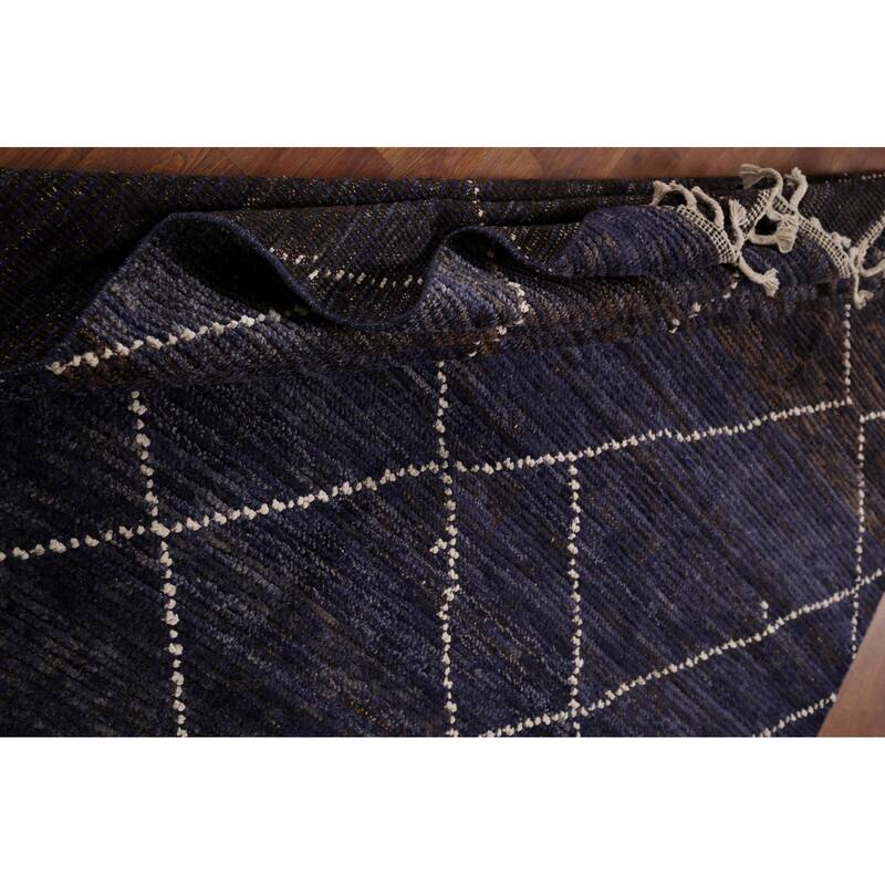 Navy Blue Trellis Moroccan Area Rug Hand-Knotted Wool Carpet - 6'9"x 10'5"