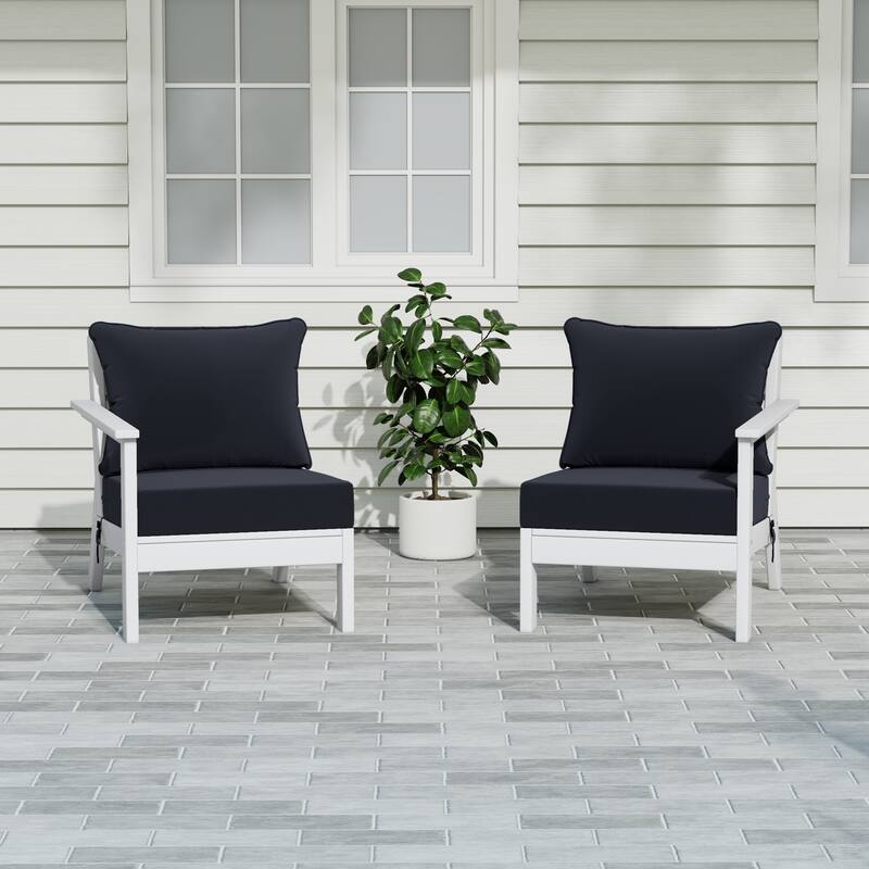 Polytrends Birchwood All Weather HDPE Outdoor Patio Deep Seating White Loveseat (2-Piece) - White/Navy Blue
