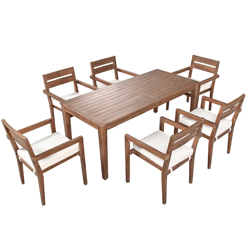 7 Pieces Acacia Wood Outdoor Dining Set with Cushions,Modern 6 Chairs and 1 Large Table, Dining Furniture Set