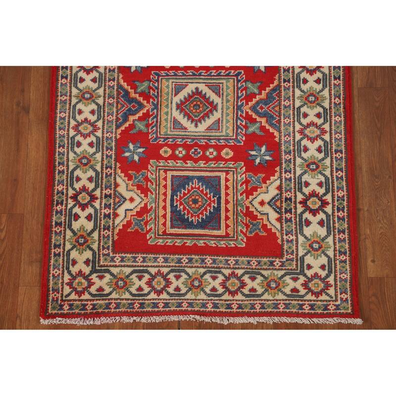 Geometric Kazak Runner Rug Hand-Knotted Red Wool Carpet - 2'9" x 9'4"
