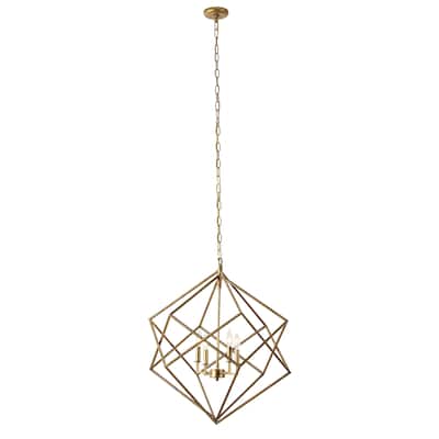 Metal Caged 4 Light Room Chandelier with Link Style Chain - Gold - Roche River Decor