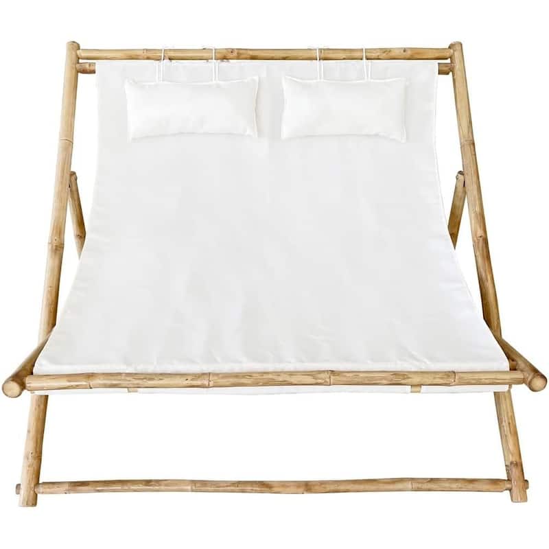 Natural Bamboo Folding Double Sling Chair with Cushions for 2 Persons - White