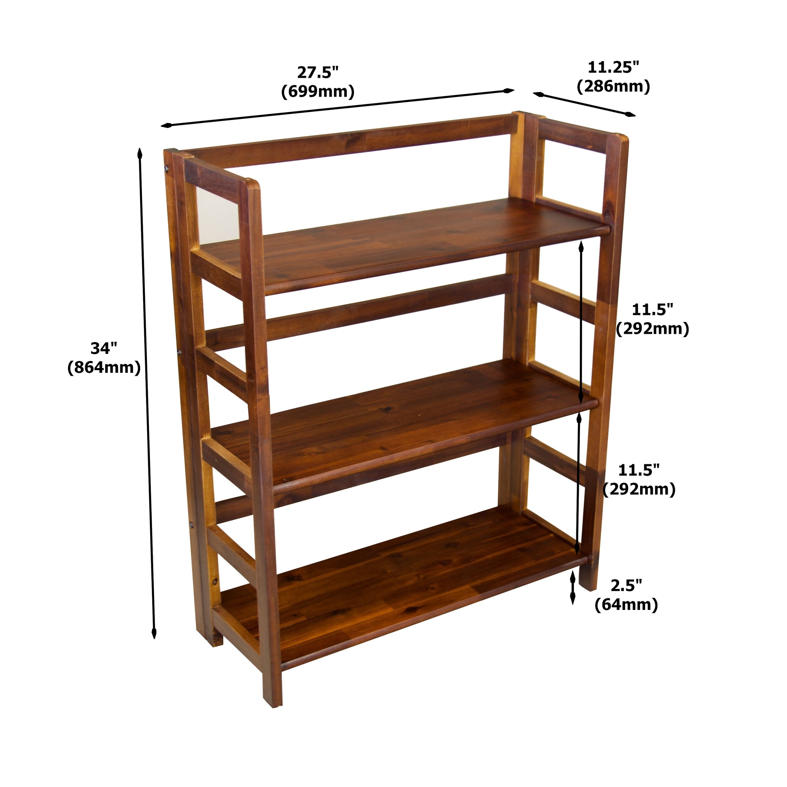 Solid Acacia 3 Shelf Folding Bookcase in Mahogany On Sale Bed
