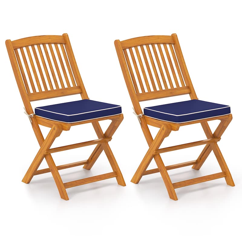Set of 2 Acacia Wood Folding Chairs with Cushioned Seats for Outdoor Dining and Camping - 18.5" x 23.5" x 33.5" - Navy