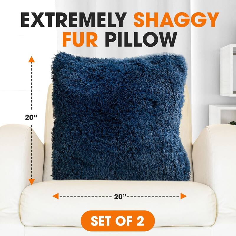 Cheer Collection Super Soft Shaggy Long Hair Throw Pillows Set of 2 Plush Accent Cushions
