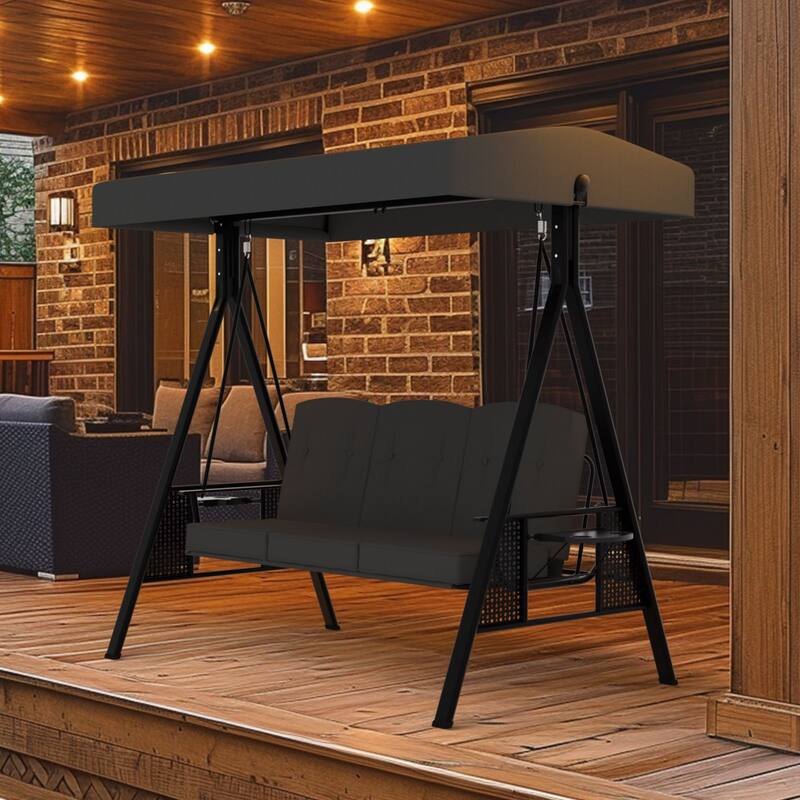 VEIKOUS 3-Seat 2-in-1 Convertible Patio Porch Swing with Adjustable Canopy Swing and Cushion - Grey