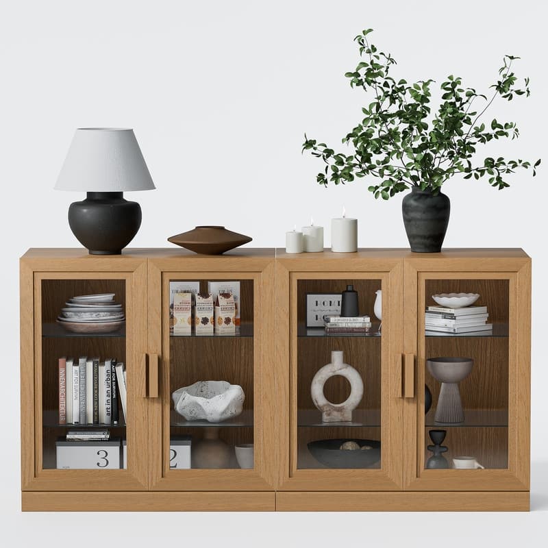 Large Sideboard Buffet Cabinet with 4 Glass Doors 2 Adjustable Shelves for Kitchen Living/Dinning Room Bedroom Entryway