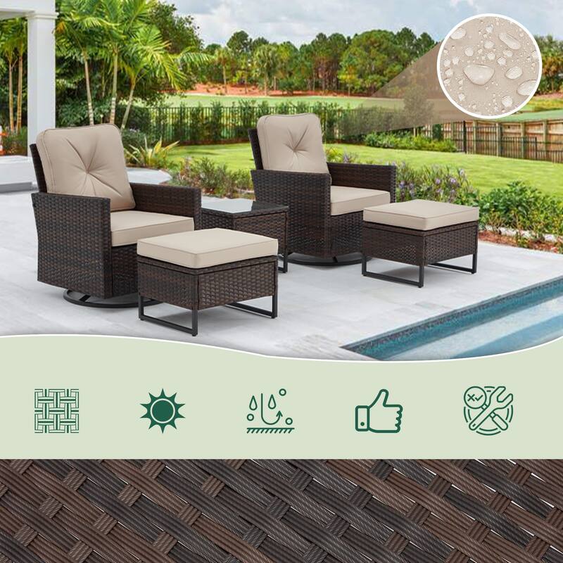 AVAWING 5 PCS Outdoor Wicker Swivel Rocking Chairs with 2 Ottomans and 1 Side Table
