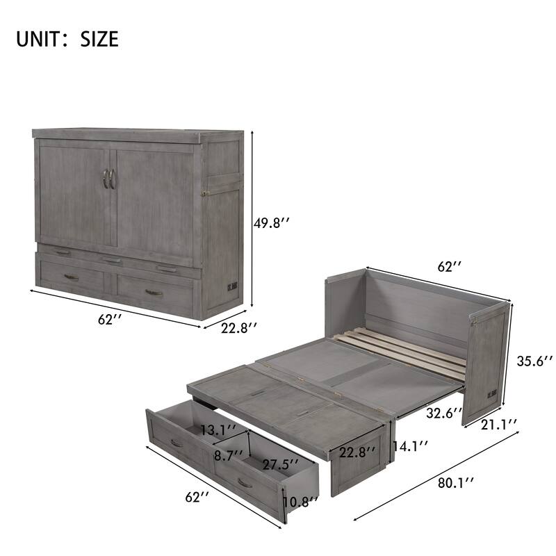 Space-Saving Design Murphy Bed with USB Ports, Large Drawers and Metal Handles