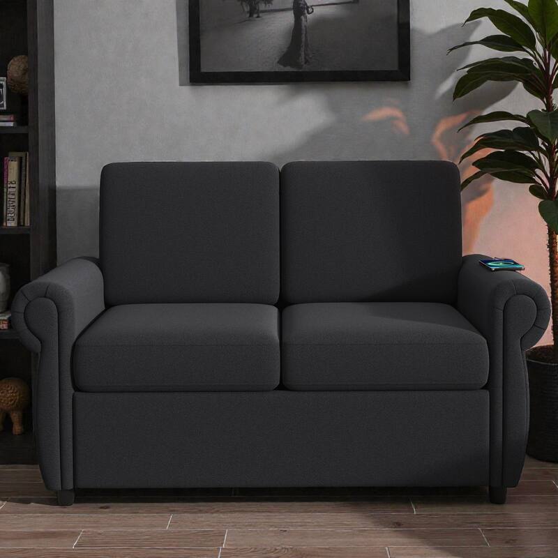 57.9" Pull-Out Loveseat Sleeper Sofa with Twin Memory Foam Mattress and USB Ports, Compact Sofa Bed for Living Room - Black