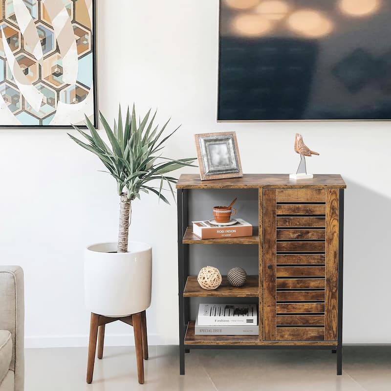 Walnut Finish Manufactured Wood 3-Shelf and 1-Door Storage Cabinet