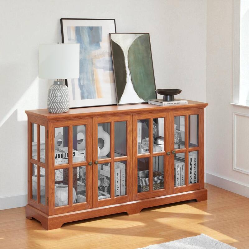 LED Antique Curio Display Cabinet with Glass Doors, Adjustable Shelves and Vintage 4-Door Design