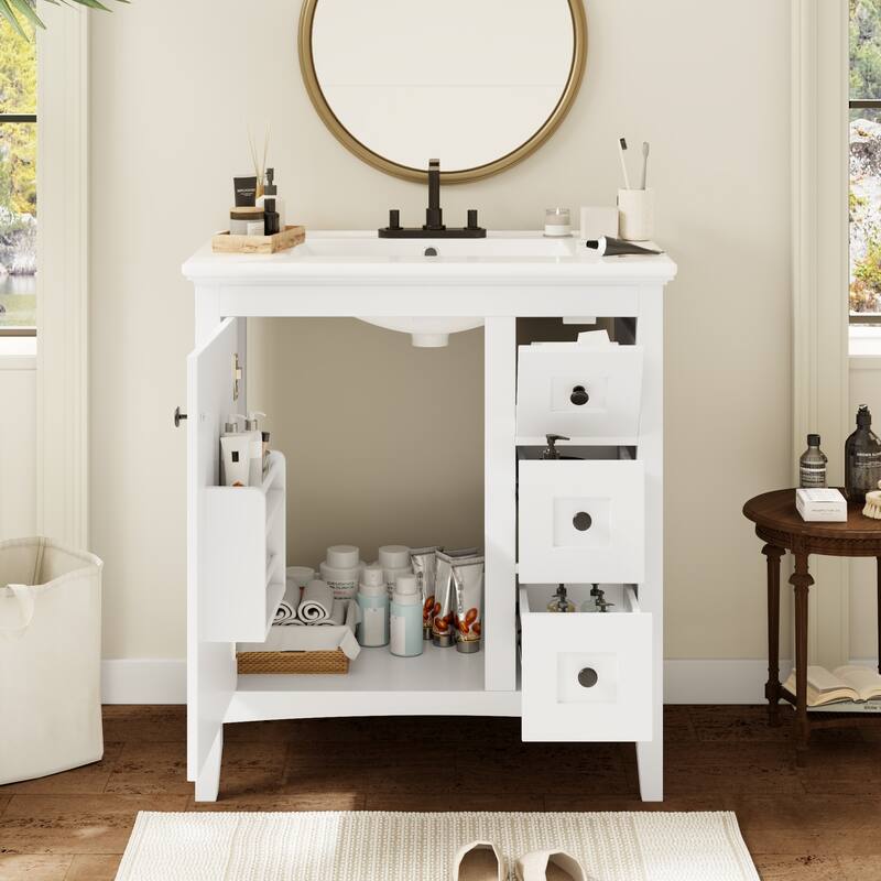 30 Inch Bathroom Vanity with Ceramic Sink Bathroom with 3 Drawers - White