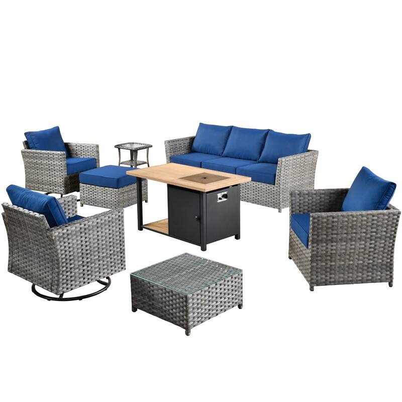 HOOOWOOO 10-piece Outdoor Grey Wicker Patio Furniture Set with Fire Pit Table