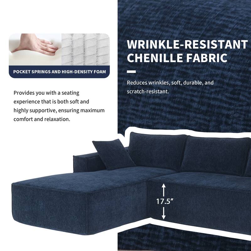 Minimalist Modular L-Shaped Sofa, Wrinkle-resistant Chenille, 2 PIC Free Combo, No Assembly, Dark Blue