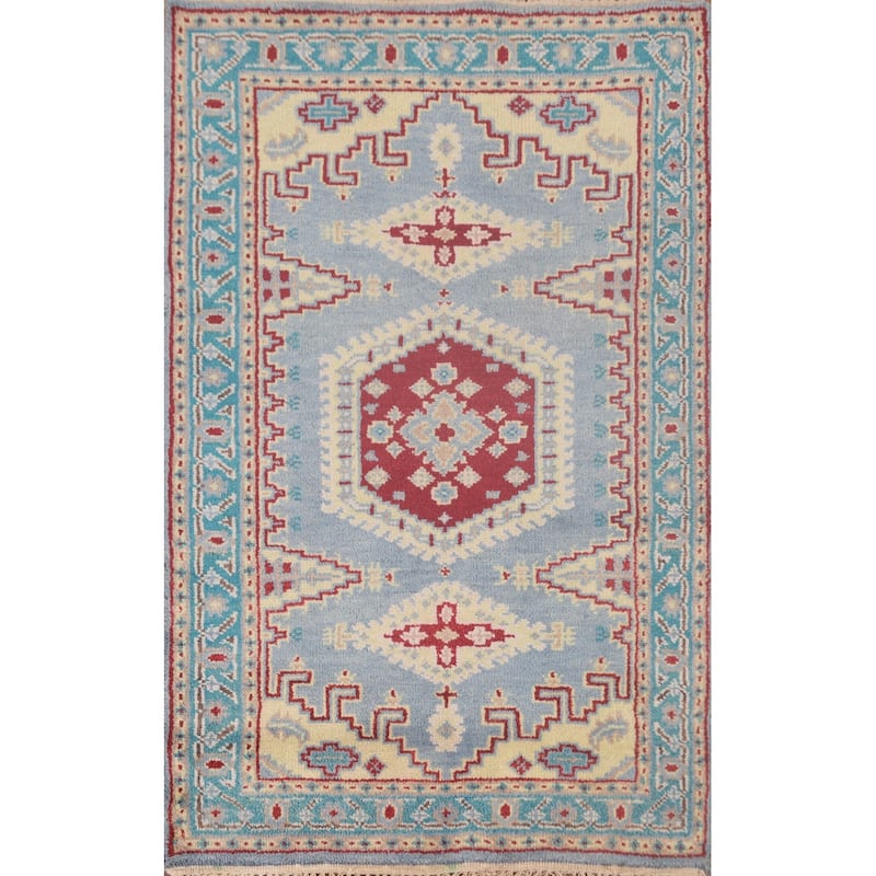 Geometric Kazak Accent Rug Handmade Blue Wool Carpet - 3'0"x 4'11"