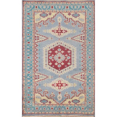 Geometric Kazak Accent Rug Handmade Blue Wool Carpet - 3'0"x 4'11"