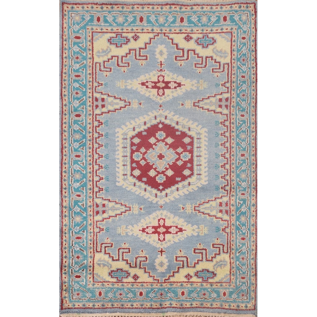 Geometric Kazak Accent Rug Handmade Blue Wool Carpet - 3'0"x 4'11"