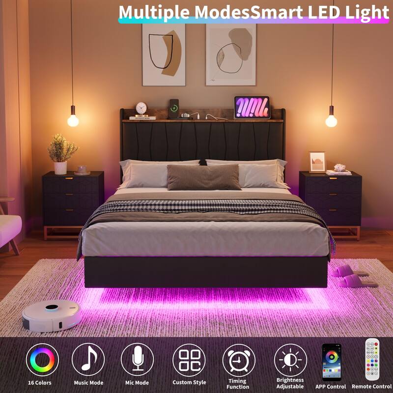 Floating Bed Frame Full with LED Lights & USB Charging Station – Modern Upholstered Platform Bed with Headboard