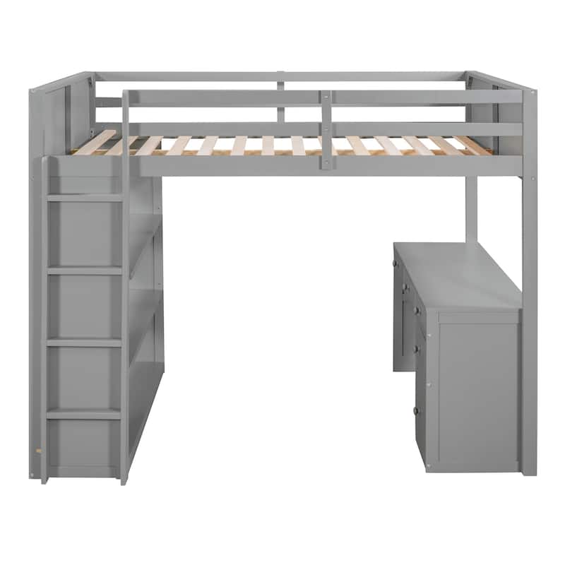 Full Size Loft Bed with Ladder, Shelves, and Desk