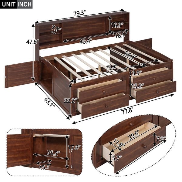 Full Size Wooden Captain Bed with Shelves, Drawers and Cabinets, Antique Brown