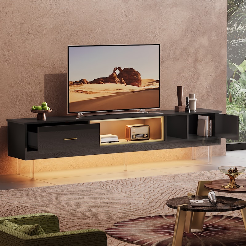 High Gloss LED TV Stands Modern Entertainment Center for 85" TV with Drawer - 80 inches