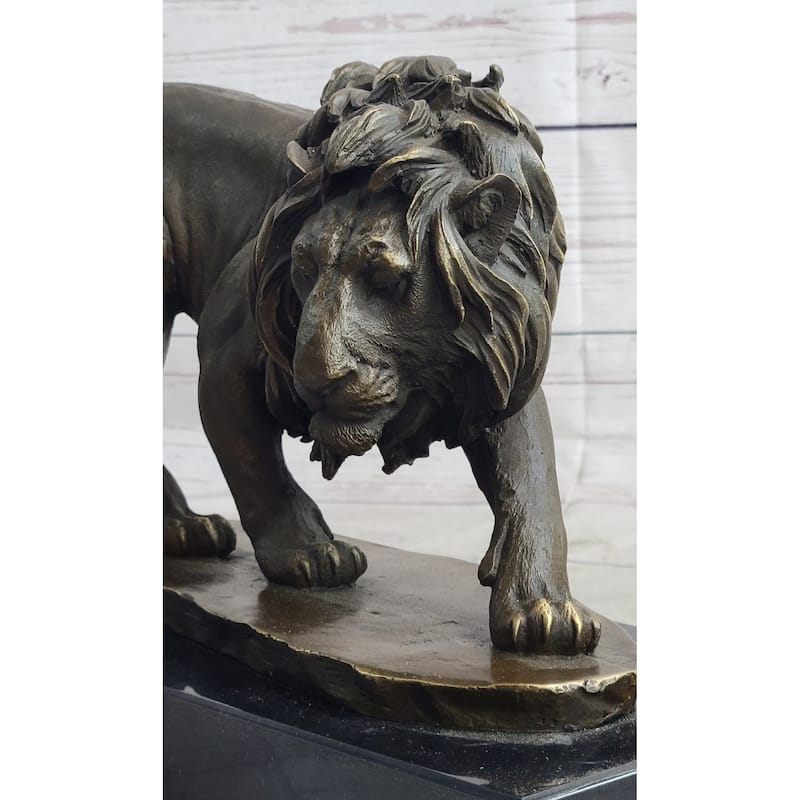 Male Lion Stalking Prey Bronze Sculpture Statue Signed Art On Marble Base