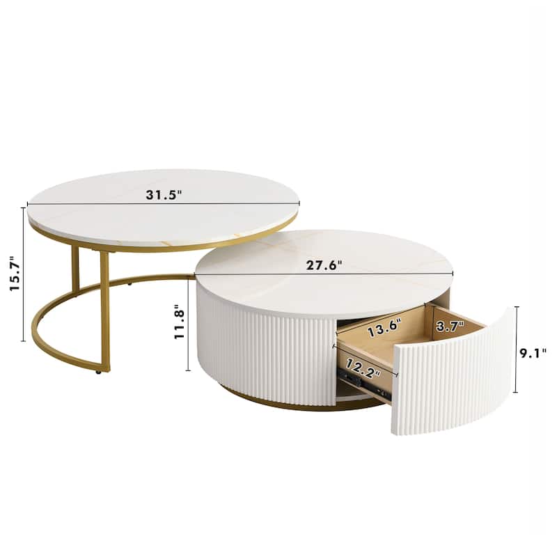 Modern Round Nesting Coffee Table, Stylish Coffee Table with Grooves and Drawers, for Living Room, 31.5 Inches