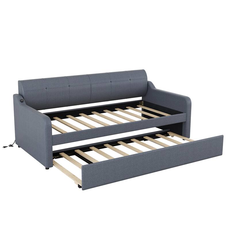 Roomfitters Twin Upholstered Daybed with USB Charging Port and Convertible Pull-Out Trundle