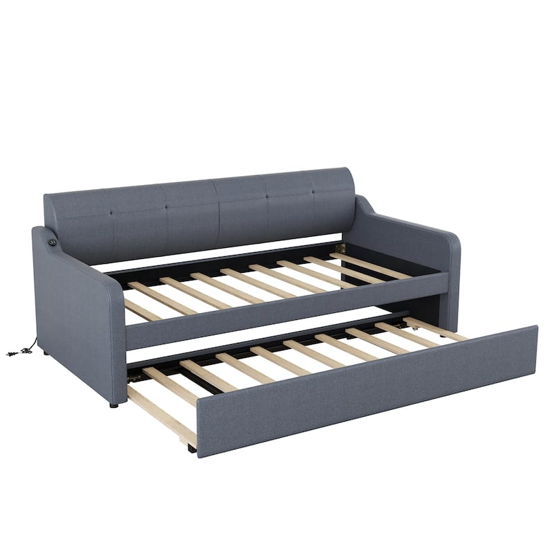 Upholstery DayBed with Pull-out Trundle Bed and USB Charging Design, Wooden Twin Size Bed Frame with Backrest & Wavy Armrests