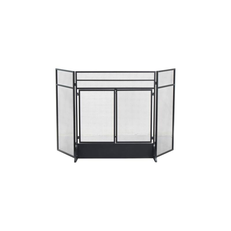 Black Metal Minimalistic 3 Panel 2 Door Geometric Fireplace Screen with Mesh Backing