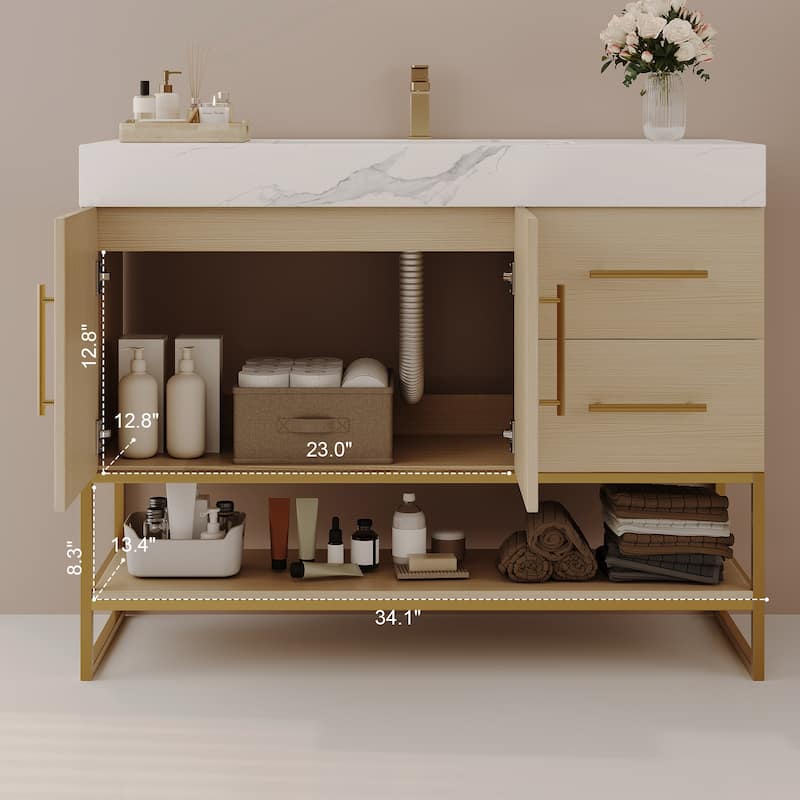 36 Inch Modern Bathroom Vanity with Seamless Ceramic Sink, Freestanding Cabinet with Gold Accents and Storage