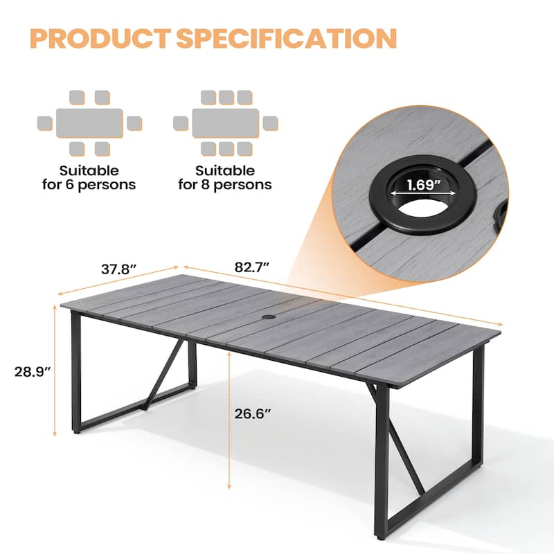 Outdoor Aluminum Patio Dining Table Rectangle with Umbrella Hole - 82.7 in L * 37.8 in W * 28.9 in H