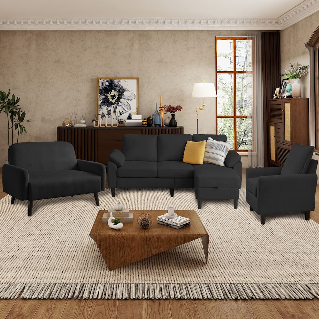 4 Pieces Corduroy Living Room Sets with Sofa, Ottoman and Loveseat