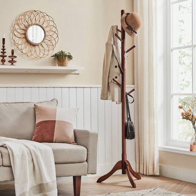 Solid Wood Modern Coat Rack, 8 Hooks, 53 lb Capacity, Adjustable 3-Section Design with Triangular Base - Dark Brown