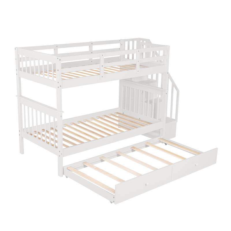 Stairway Twin Over Twin Bunk Bed with Twin Size Trundle & Stairs Storage, Detachable Solid Wood Triple Bedframe, for Kids Teens