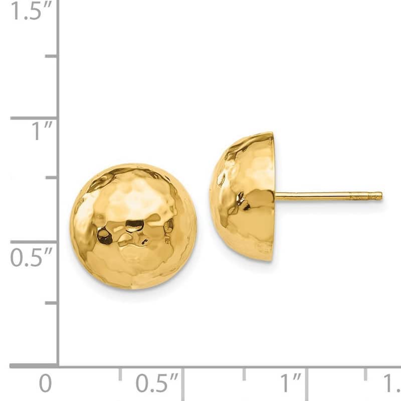 Curata 14k Yellow Gold Polished Closed back 13mm Hammered Half Ball Post Earrings