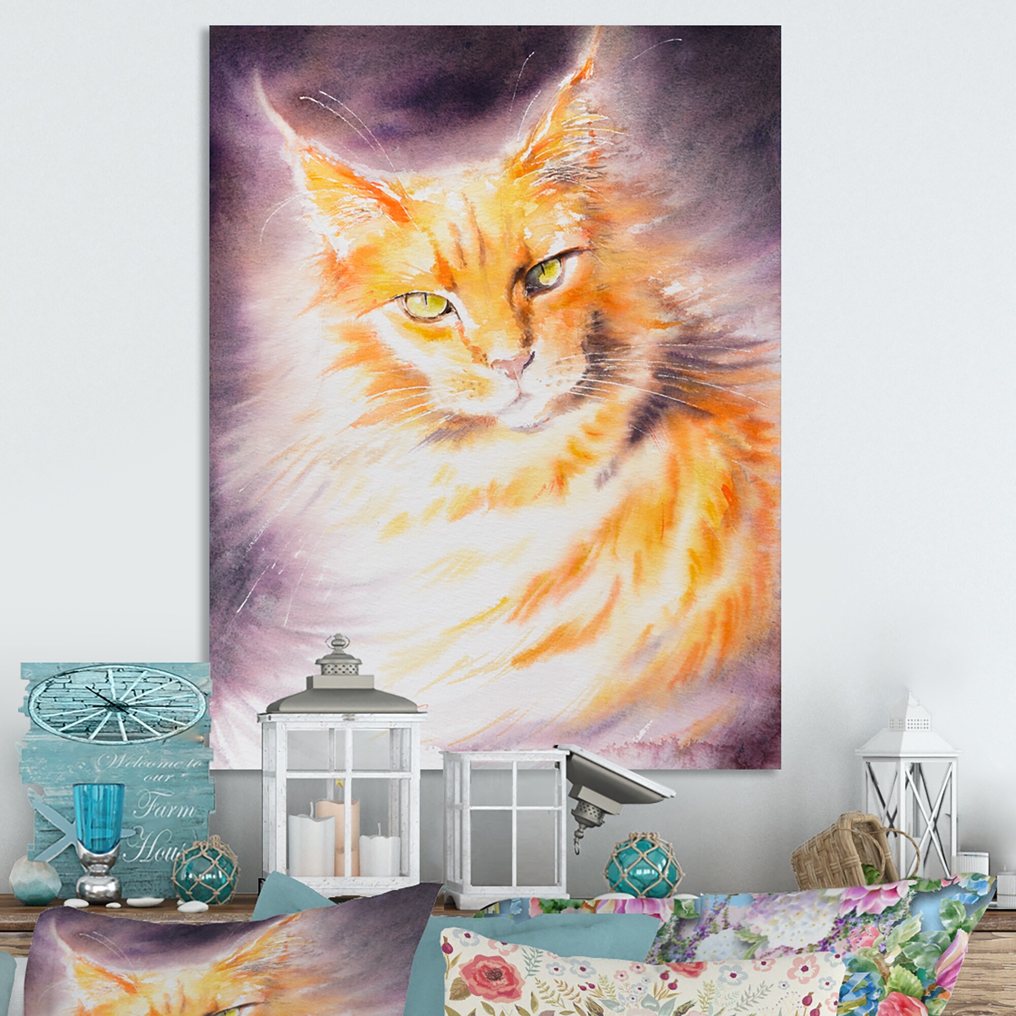 Designart Beautiful Cat Painting Traditional Canvas Wall Decor 16 In. Wide X 32 In. High
