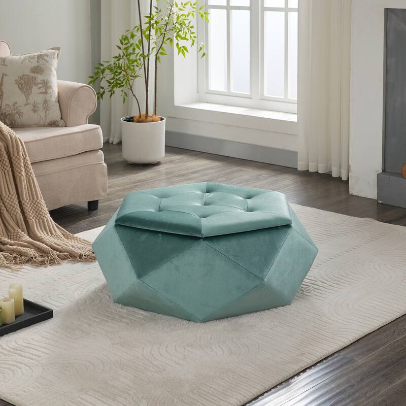 Elegant Velvet Polygon Diamond Tufted Storage Ottoman for Living Room and Bedroom - Green
