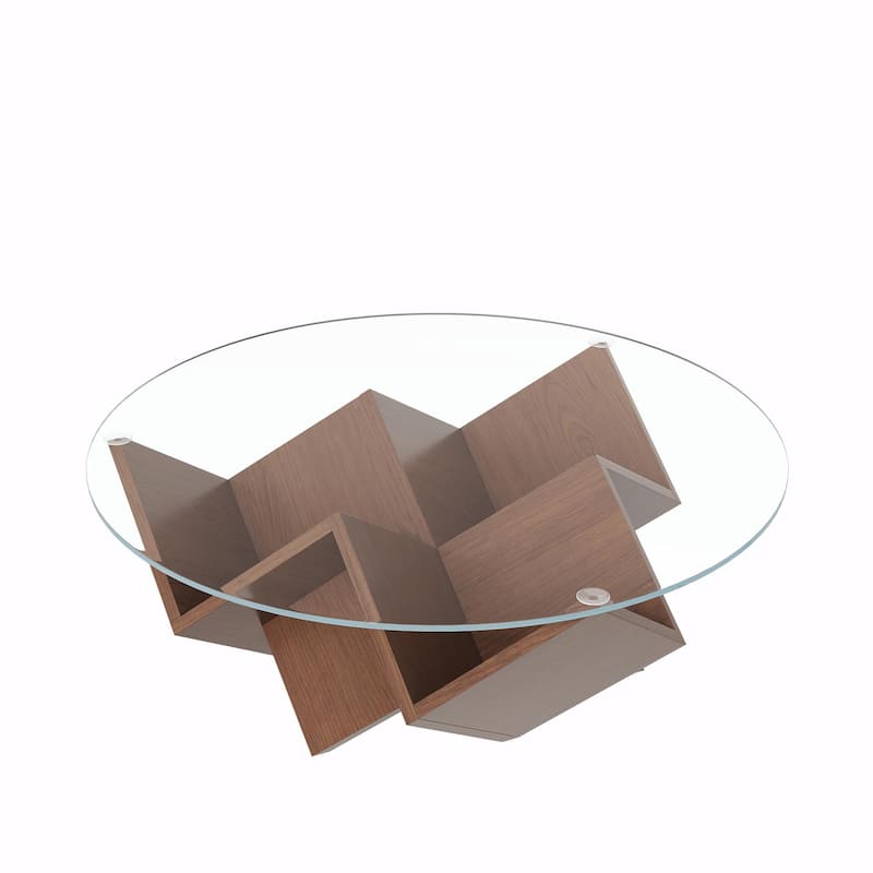Round Coffee Table with Glass Top and Geometric Abstract Art Deco Base - Walnut, 35.4" with Storage Shelves