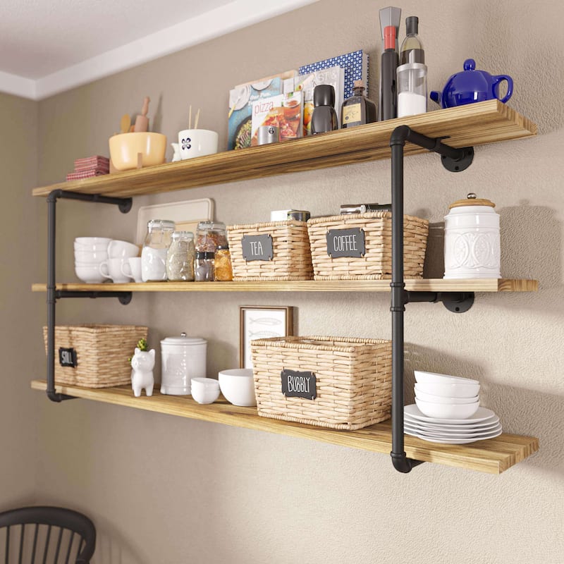 Wallniture 60"x 10" Pipe Shelves, Wood Shelving Unit, Wall Shelves for Books, Long Wall Shelf, Burnt, 3-Tier