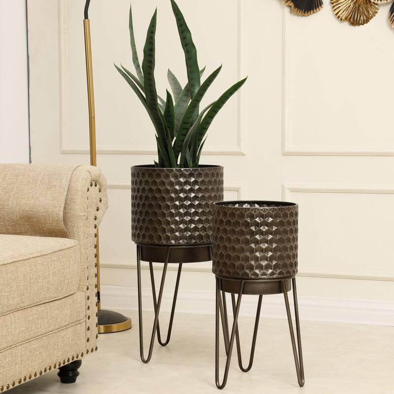 Brown Metal Honeycomb Cachepot Planters with Brown Metal Stands (Set of 2)