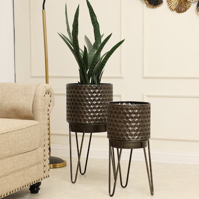 Brown Metal Honeycomb Cachepot Planters with Brown Metal Stands (Set of 2)